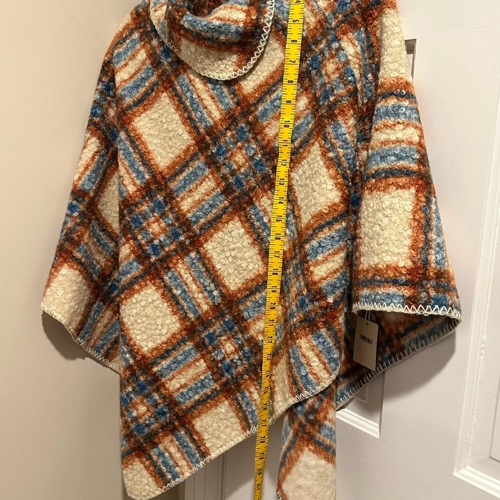 Women's Cape in Cream, Blue, and Orange/Caramel Plaid